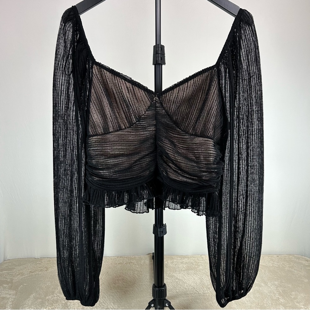 Meraki Black Goth Witch Glam Sheer Mesh Ruched Crop Top XL